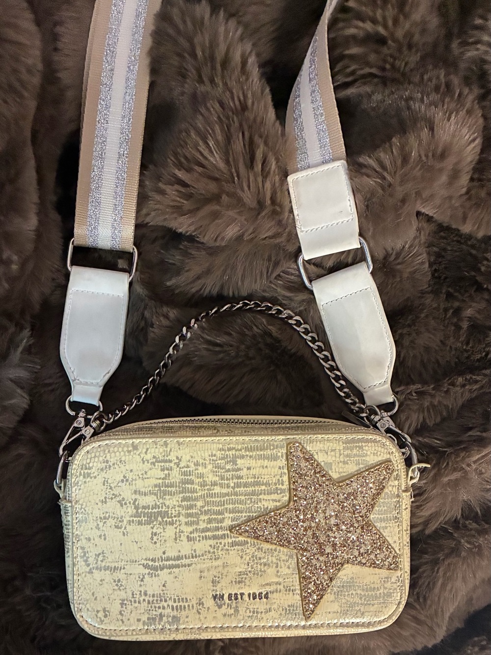 Vintage Havana Metallic Gold Star Crossbody Bag with Removable Strap